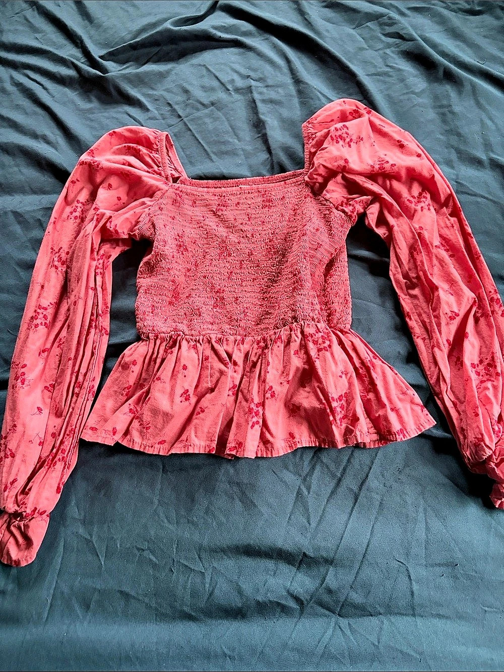 Urban Romantics Smocked Peplum Top Floral Puff Sleeve Blouse Pink